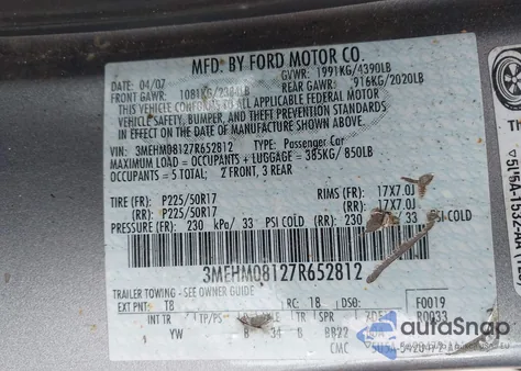 2007 Mercury Milan V6 Premier from USA, damaged, VIN 3MEHM08127R652812